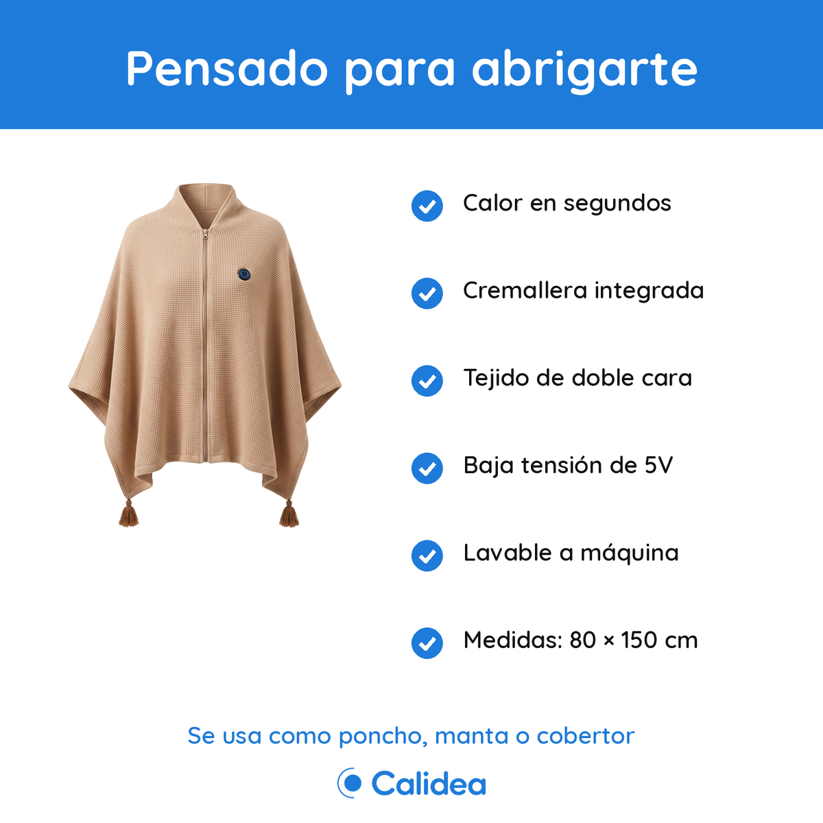 Poncho-manta calefactable con 3 niveles de calor